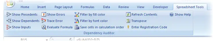Dependency Auditor commands on the ribbon